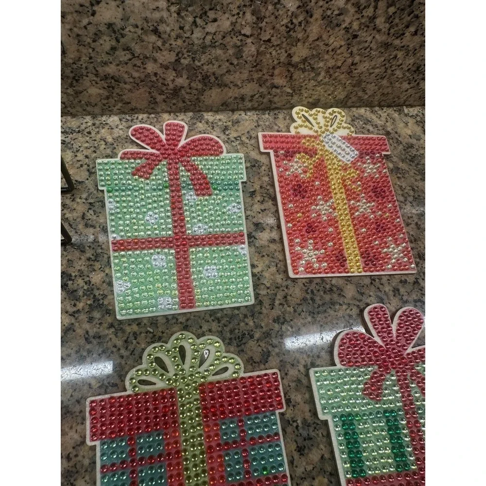 Christmas‎ Present Gift Box Rhinestone Coasters Set Of 10 With Metal Holder